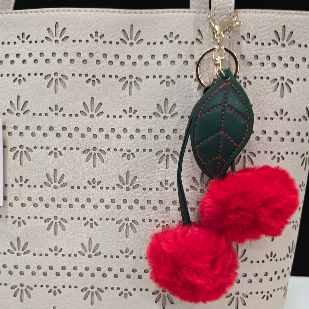Red Puffy Cherry Keychain/Bag Charm with Green Leaf Accent - NWOT